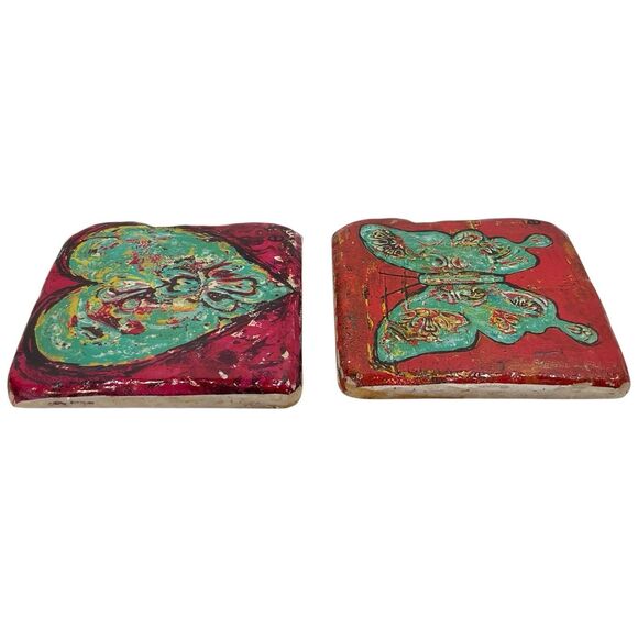Handcrafted Coaster Set Whimsical 4"x4" Emily Little - Little e Studio W Holder - Picture 14 of 14